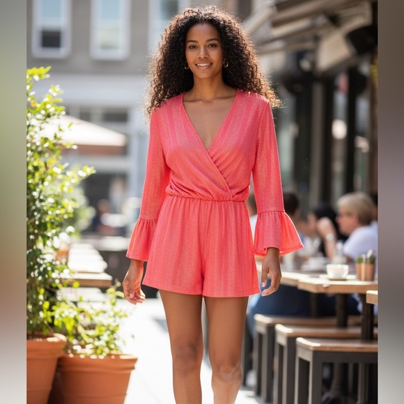 Amanda Uprichard NEW Seraphina Silk Romper Coral Gold Bell Sleeves Size Large - Picture 2 of 11